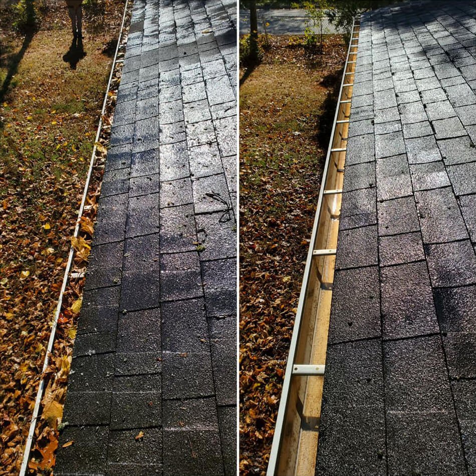 Roof shingles before and after soft washing